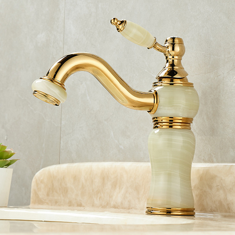 Basin Mixer Cartridge - 高級真鍮と翡翠の浴室用蛇口 - ゴールドの洗面台用ミキサータップ、漏れ防止セラミックカートリッジ、簡単設置、光沢仕上げ